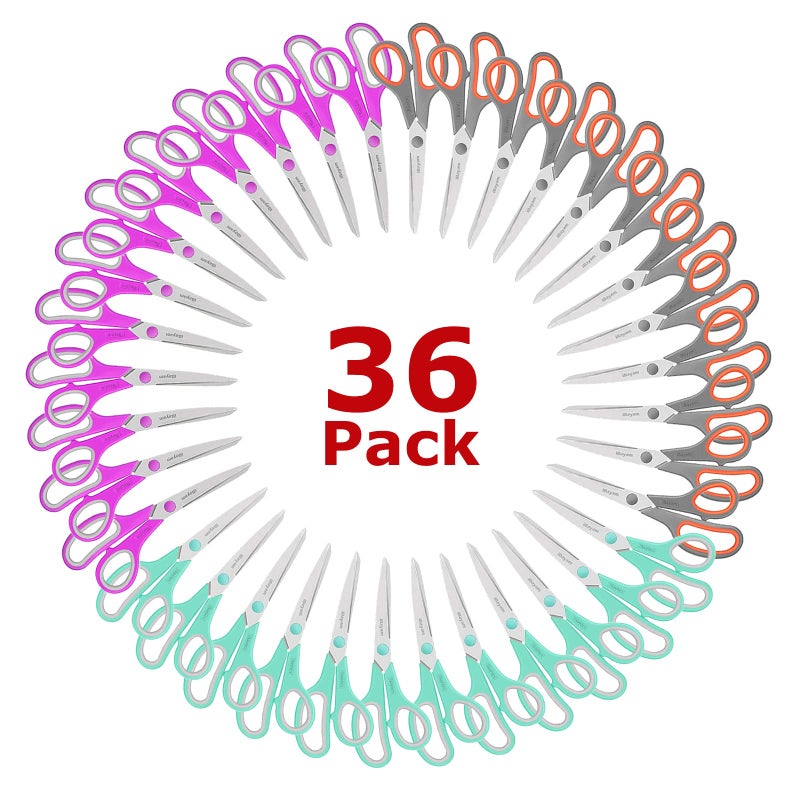 iBayam مقصات متعددة الاستخدامات ثقيلة الوزن 8 بوصة من iBayam عبوة 36 حبة، شفرة حادة للغاية بسماكة 2.5 مم مع مقHandles مريحة للاستخدام المنزلي، المدرسة، ومستلزمات المكتب، أدوات لليد اليمنى/اليسرى - Image 1