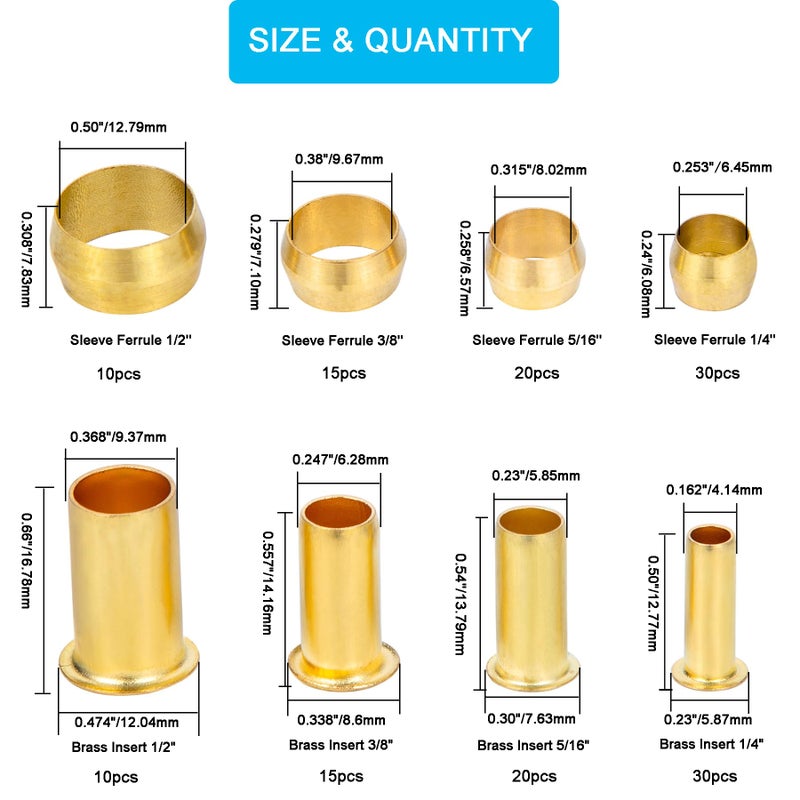 Generic Breezliy 150PCS Tube OD（1/4" 5/16" 3/8" 1/2") Brass Compression Sleeves Ferrules & Insert,4 Sizes Brass Compression Fitting Assortment Kit  - Image 2