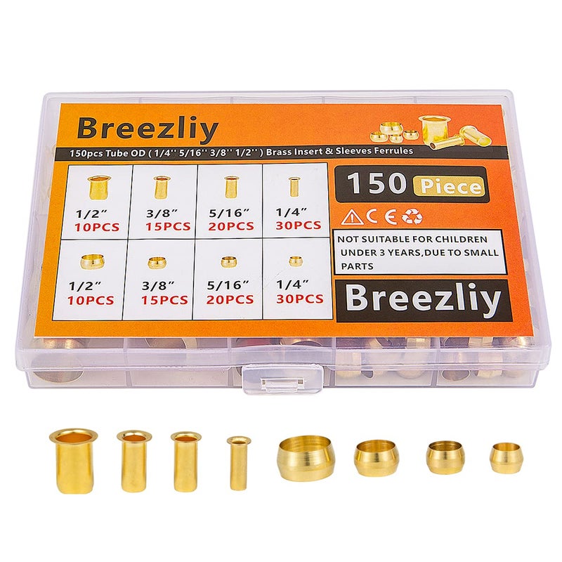 Generic Breezliy 150PCS Tube OD（1/4" 5/16" 3/8" 1/2") Brass Compression Sleeves Ferrules & Insert,4 Sizes Brass Compression Fitting Assortment Kit  - Image 1