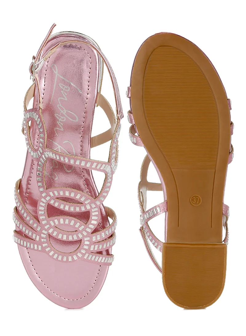 London Rag Cut Out Detail Rhinestone Flat Sandals in Pink