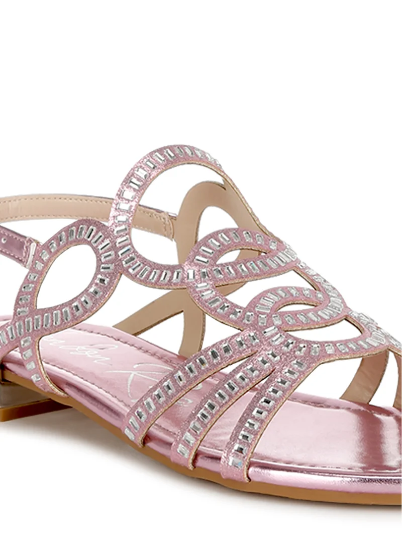London Rag Cut Out Detail Rhinestone Flat Sandals in Pink