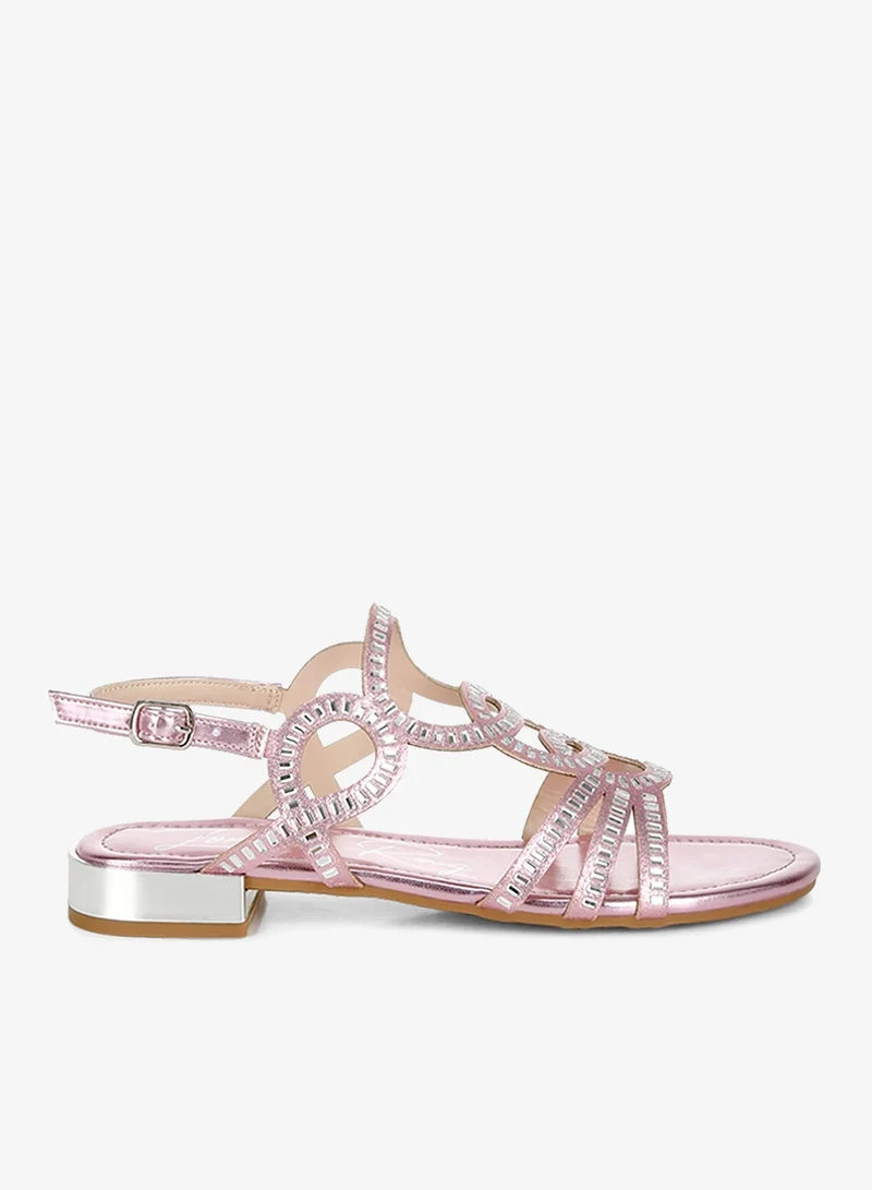 Cut Out Detail Rhinestone Flat Sandals in Pink