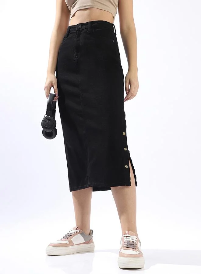 Hubberholme Pure Cotton Straight Midi Denim Side Slit Skirts