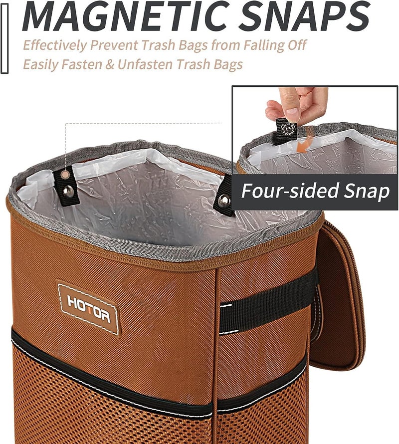 HOTOR Brown Car Trash Can with Adjustable Strap, Magnetic Snaps, Waterproof Lining, and Storage Pocket - Image 3