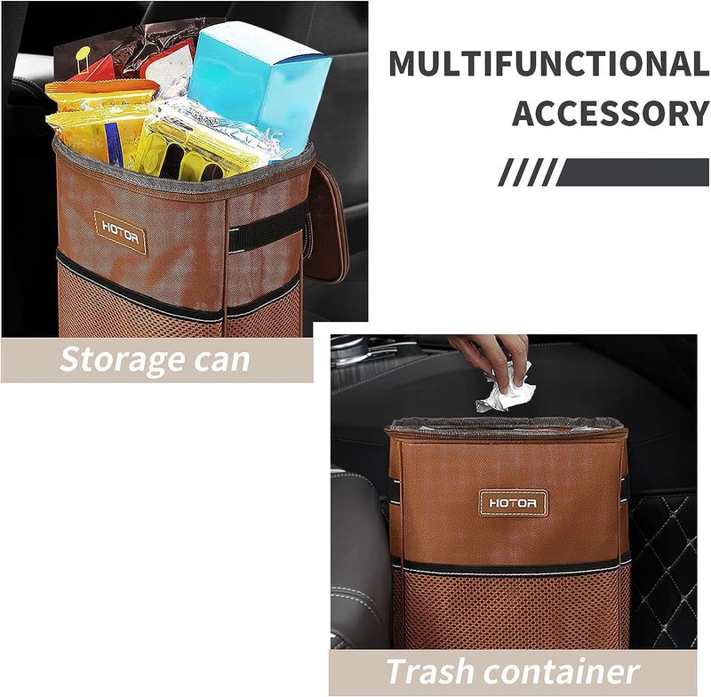 HOTOR Brown Car Trash Can with Adjustable Strap, Magnetic Snaps, Waterproof Lining, and Storage Pocket - Image 5