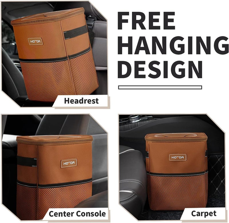 HOTOR Brown Car Trash Can with Adjustable Strap, Magnetic Snaps, Waterproof Lining, and Storage Pocket - Image 2