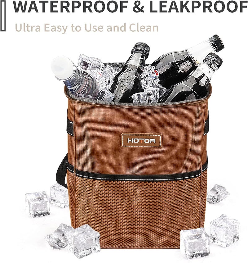 HOTOR Brown Car Trash Can with Adjustable Strap, Magnetic Snaps, Waterproof Lining, and Storage Pocket - Image 4