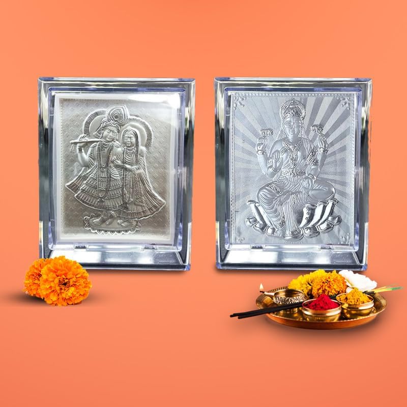 UAX Pack of Two 999 Pure Silver Bhakti Idols Pack of RadhaKrishna and Laxmi Murti Silver Gift Item Gift for Office Home f - Image 1