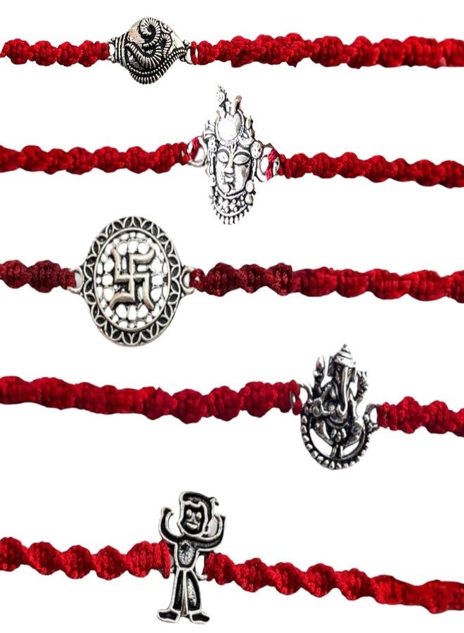 LBV 925 Sterling Oxidized Silver Set Of 5 Different Rakhi For Brother | Raksha Bandhan Rakhi/Bracelet | Handcrafted | Handmade | Traditional Designer Rakhi for Gift | With Bottle Of Ganga jal Roli Chawal - Image 3