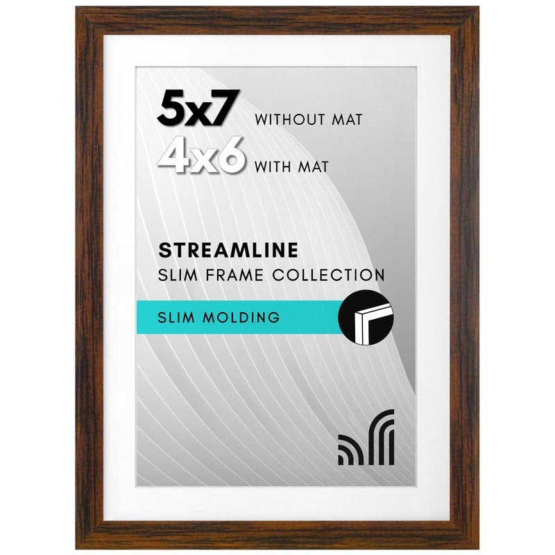 Americanflat 5x7 Picture Frame with ShatterResistant Glass  Use as 4x6 Frame with Mat or Display 5x7 Photo Without Mat  Streamline Collection  Picture Frames for Tabletop and Wall  Walnut