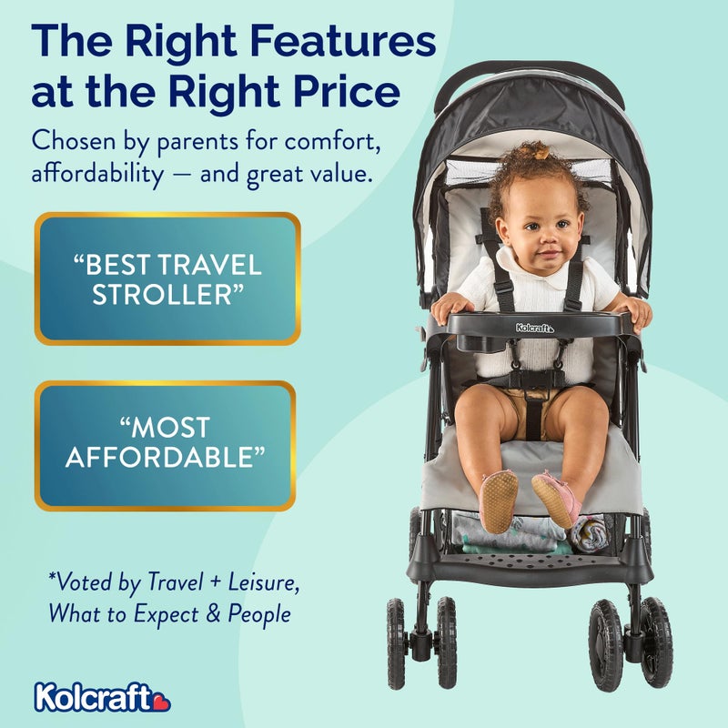 Kolcraft Cloud Plus Lightweight Umbrella Stroller for Toddlers with Reclining Seat, Large Storage Basket, Canopy, Infant & Parent Trays, Compact Fold for Summer Travel, Durable Frame, Slate Gray - Image 5