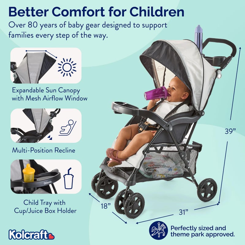 Kolcraft Cloud Plus Lightweight Umbrella Stroller for Toddlers with Reclining Seat, Large Storage Basket, Canopy, Infant & Parent Trays, Compact Fold for Summer Travel, Durable Frame, Slate Gray - Image 3