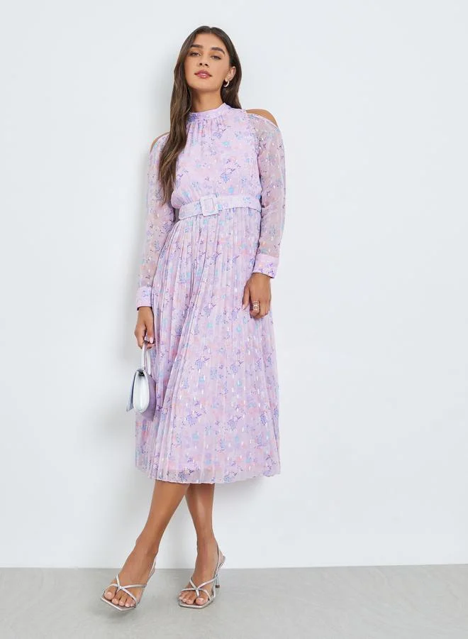 Lilac Chiffon Dobby Pleated Mid Dress