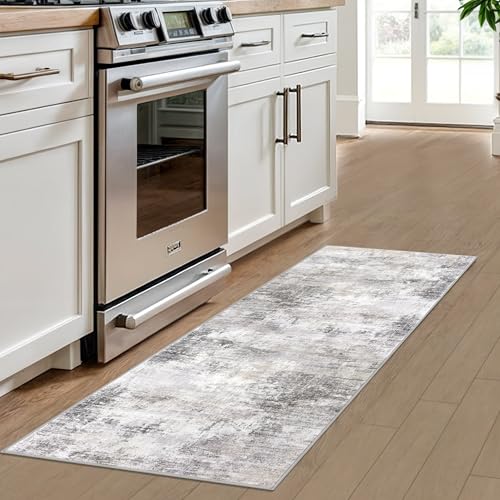 IOHOUZE Abstract Runner Rug 2x6 Ft Washable Runners for Hallways, Non Slip Kitchen Runner Printed Faux Wool Entryway Runner Indoor, Modern Abstract Floor Carpet for Hall Kitchen Bedroom, Grey Beige - Image 2