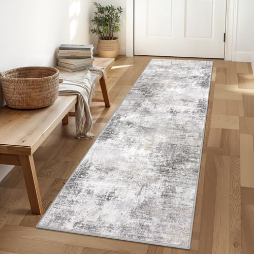 IOHOUZE Abstract Runner Rug 2x6 Ft Washable Runners for Hallways, Non Slip Kitchen Runner Printed Faux Wool Entryway Runner Indoor, Modern Abstract Floor Carpet for Hall Kitchen Bedroom, Grey Beige - Image 1