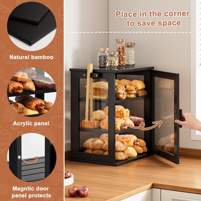 WOWLIVE Black Bread Box for Kitchen Countertop, Large 3 Layers Bread Storage Container for Homemade Bread with Window, Farmhouse Breadbox Organizer for Kitchen, Cabinet, Pantry (Black, Meduim) - Image 4