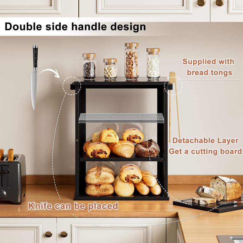 WOWLIVE Black Bread Box for Kitchen Countertop, Large 3 Layers Bread Storage Container for Homemade Bread with Window, Farmhouse Breadbox Organizer for Kitchen, Cabinet, Pantry (Black, Meduim) - Image 5