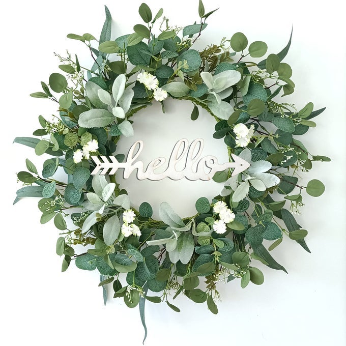 22 INCH EUCALYPTUS WREATH WITH HELLO SIGN SPRING SUMMER WREATHS FOR FRONT DOOR GREEN WINTER WREATHS FOR FRONT DOOR WINDOWSPORCHFIREPLACEINDOORS AND OUTDOOR HOME DECORATION