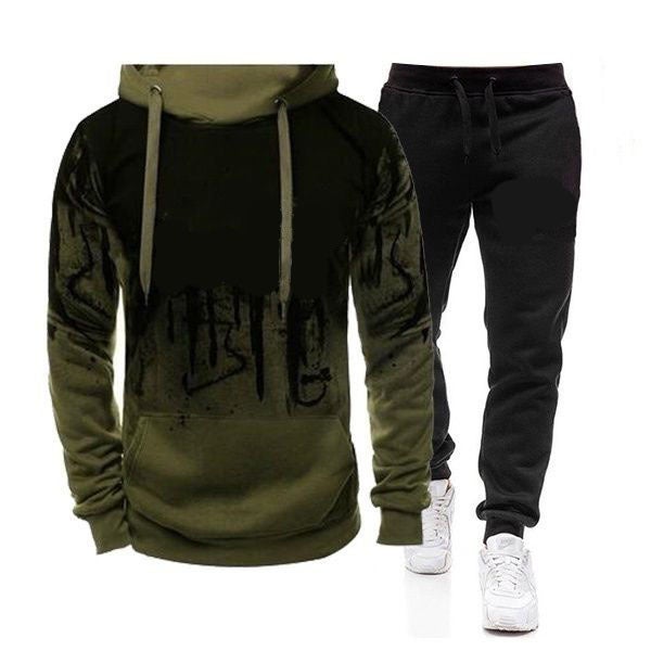 2020 New Mens Outdoor Sports Casual Pullover Sweatshirt Splash Ink Printed Hooded Set army green - Image 1