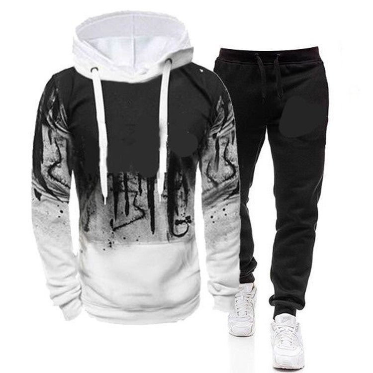 2020 New Mens Outdoor Sports Casual Pullover Sweatshirt Splash Ink Printed Hooded Set army green - Image 4