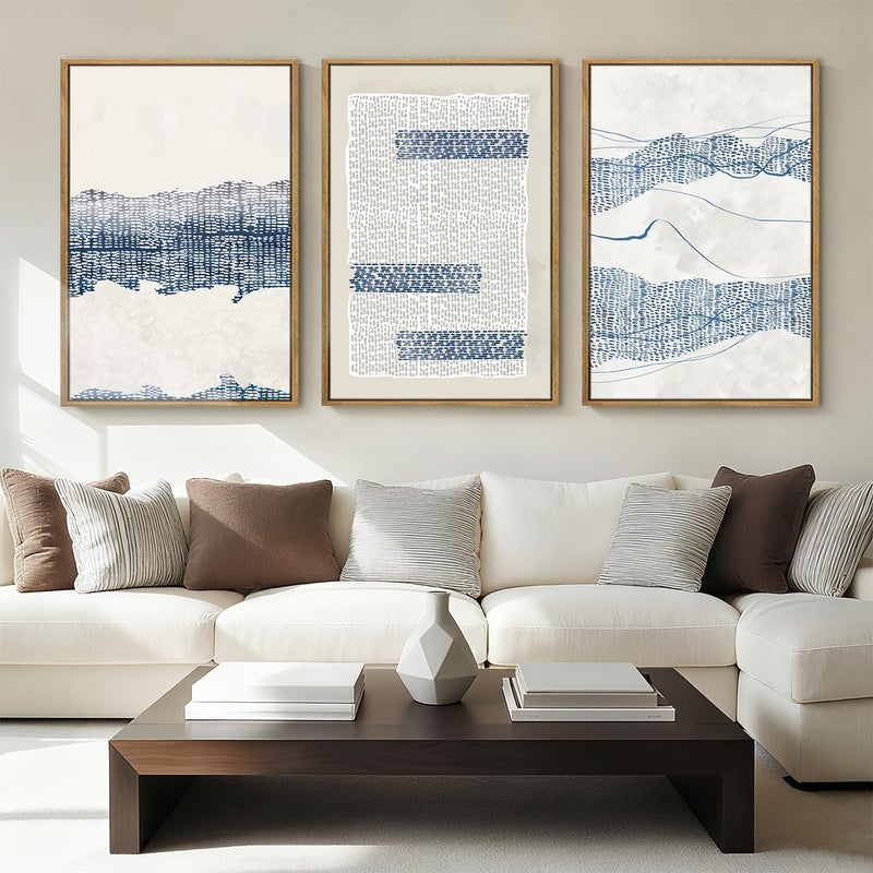 IARTTOP Large Blue Abstract Framed Canvas Wall Art 16x24 Inch Neutral Modern Art Prints Minimalist boho Artworks for Living Room Bedroom Office Set of 3 - Image 1