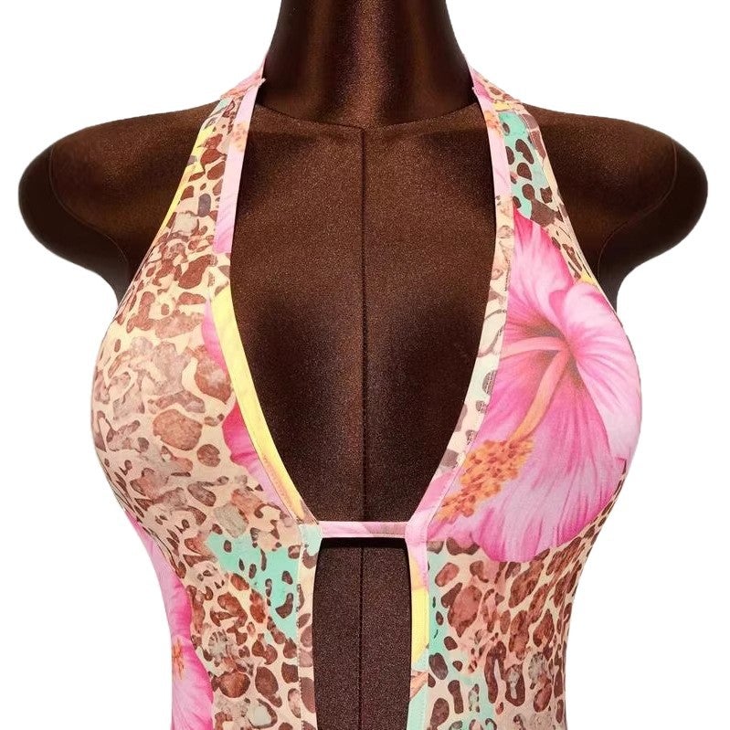 Halter Neck Deep V Leopard Print Ruffle Hem Bodycon Mini Dress - Image 3