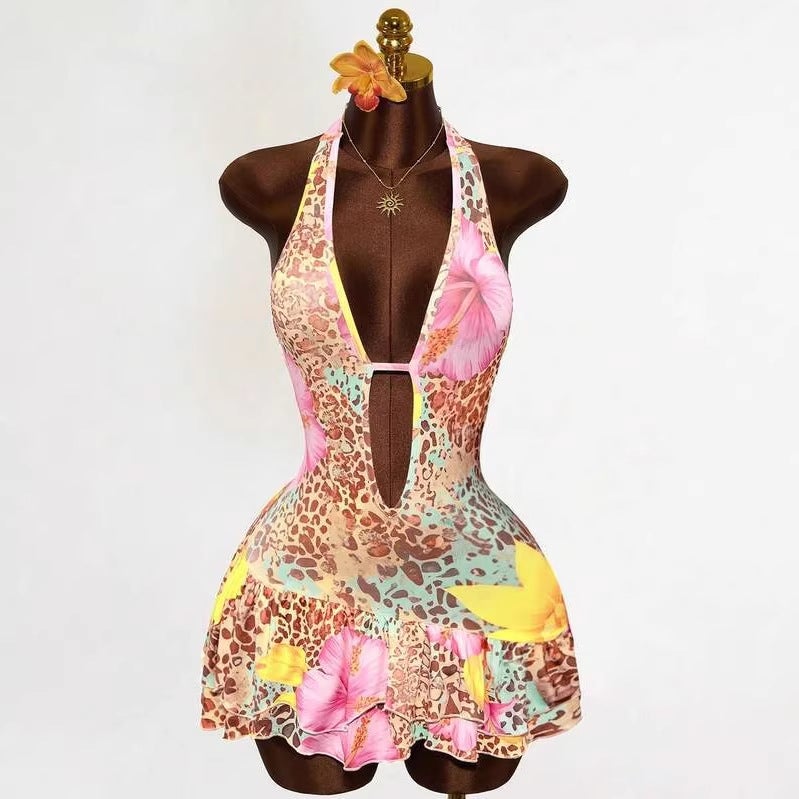 Halter Neck Deep V Leopard Print Ruffle Hem Bodycon Mini Dress - Image 2