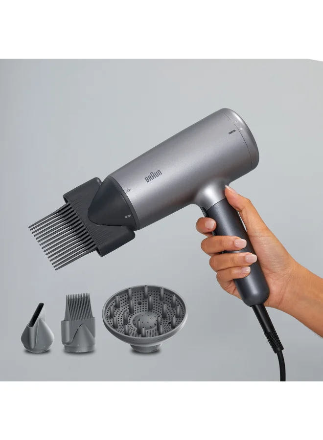 BRAUN Hair Dryer Hd4.3 Ultimate Performance, Styling, Shine And Care, Htdc Motor, 2200 Watts, Electronic Touch Control Brhd435Sde - Electro Grey.