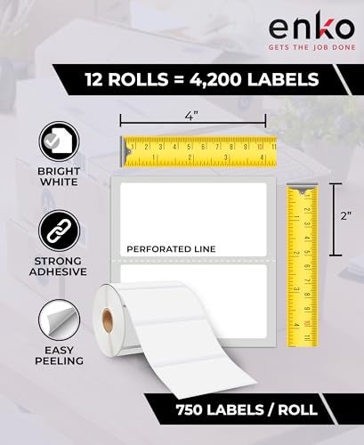 enKo Products enKo 4" x 2" Labels for Zebra Desktop Printers (12 Rolls | 9,000 Labels) - Direct Thermal Address Mailing Shipping Barcode FBA Stickers FNSKU Label for Zebra and Eltron (Perforated) - Image 2