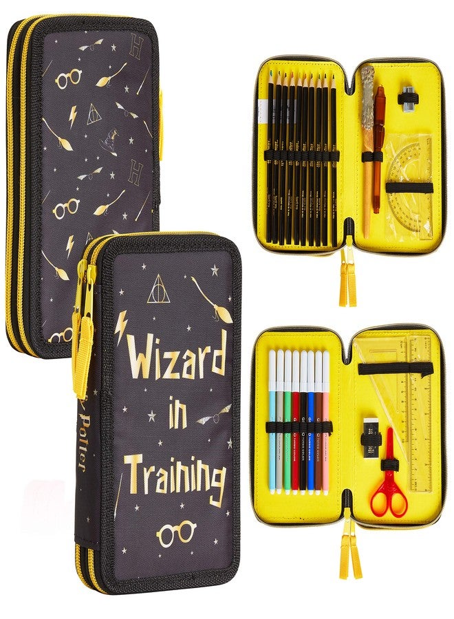 Harry Potter Pencil Case for Girls Boys, Stationery Set School Supplies, Wand Secret Light Pen (Black/Yellow) - Image 1