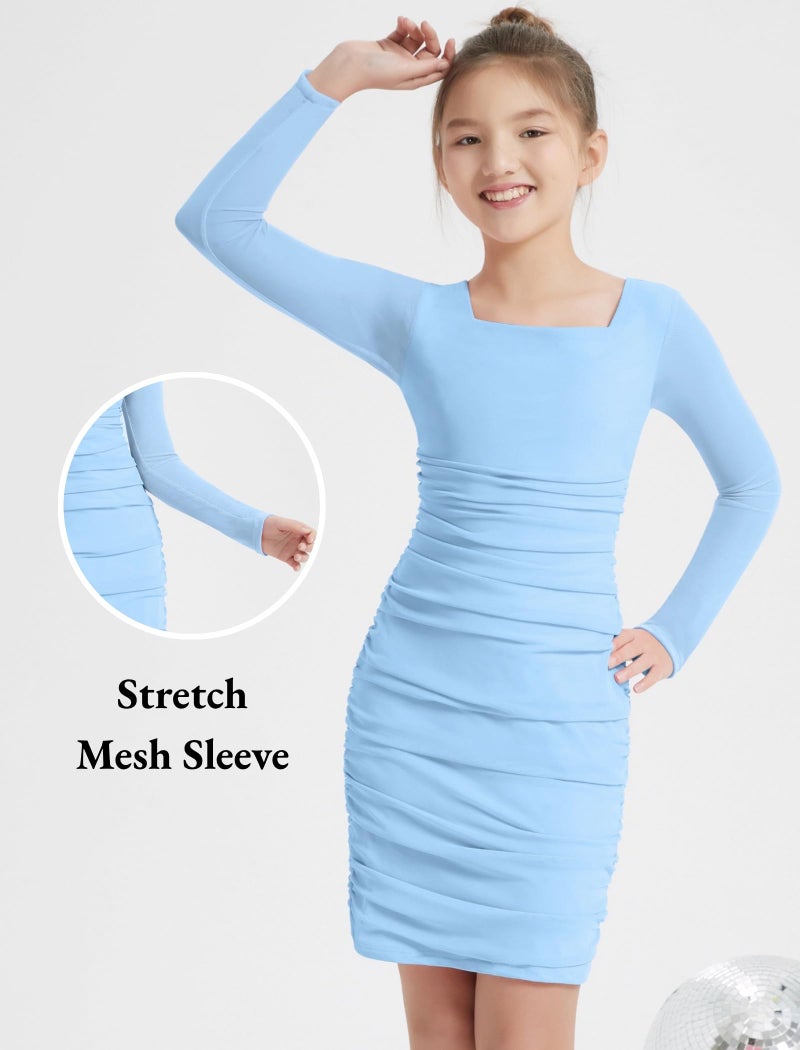 EXARUS Girls Easter Long Sleeve Bodycon Dress Teen Tween Party Graduation Homecoming Dance Prom Ruched Short Fitted Blue 10 Years - Image 5