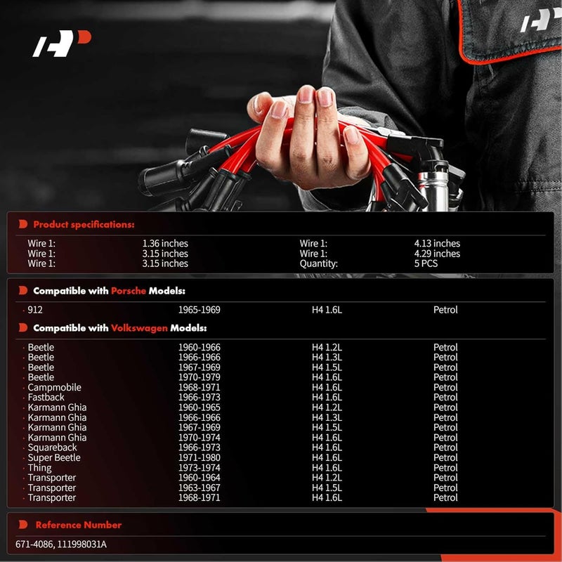 A-Premium مجموعة أسلاك شمعات الإشعال A-Premium لطرازات بورش 912 وفولكس فاجن - مجموعة 5 قطع - Image 2