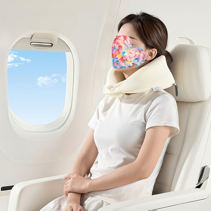 Grey Travel Neck Pillow Set with Sleep Mask and Earplugs Removable Cover - Image 4