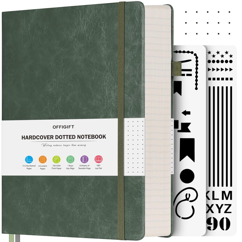 OFFIGIFT Bullet Dotted Journal Notebook, 312 Numbered Pages A5 Hardcover Leather Journal, 100gsm No Bleed Paper Dot Grid Notebook with Index Pages, Dot Journal for Women Men, 5.75" x 8.38", Green - Image 1