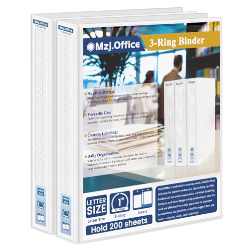 Mzj.Office MzjOffice 3 Ring Binder 1 inch 2 Pack 1 Binders 3 Ring with Clear View Front Pocket Holds 200 Sheets Round Rings for US Letter Paper School Office Supplies - Image 1