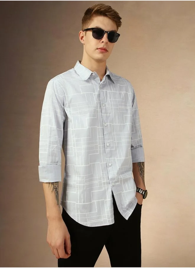 Dennis Lingo Printed Regular Fit Spread Collar Curved Hem Shirt