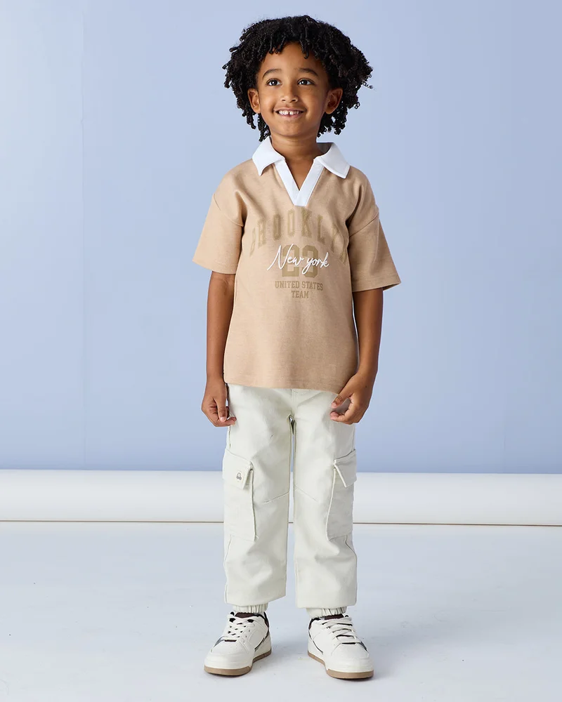 Redtag Boys Beige Collared Polo T Shirt