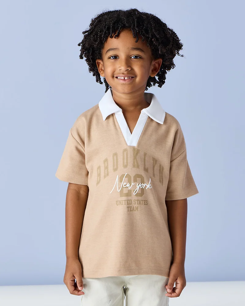 Redtag Boys Beige Collared Polo T Shirt