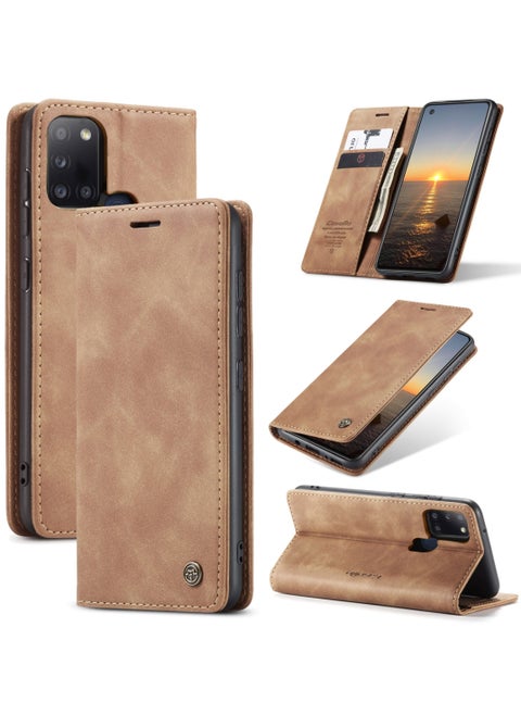 CaseMe Samsung Galaxy A21S Case Wallet Case Book Folding Flip Folio Case with Magnetic Kickstand Card Slots Protective Cover - Brown