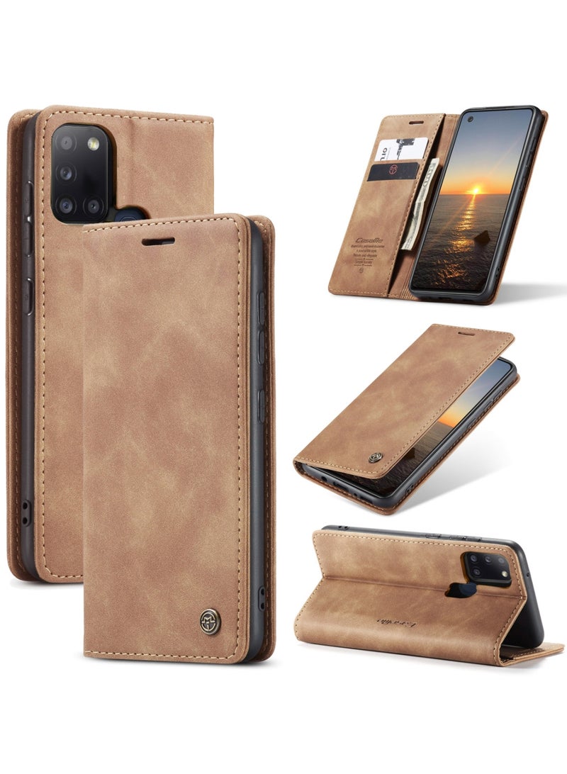 CaseMe Samsung Galaxy A21S Case Wallet Case Book Folding Flip Folio Case with Magnetic Kickstand Card Slots Protective Cover - Brown - Image 1