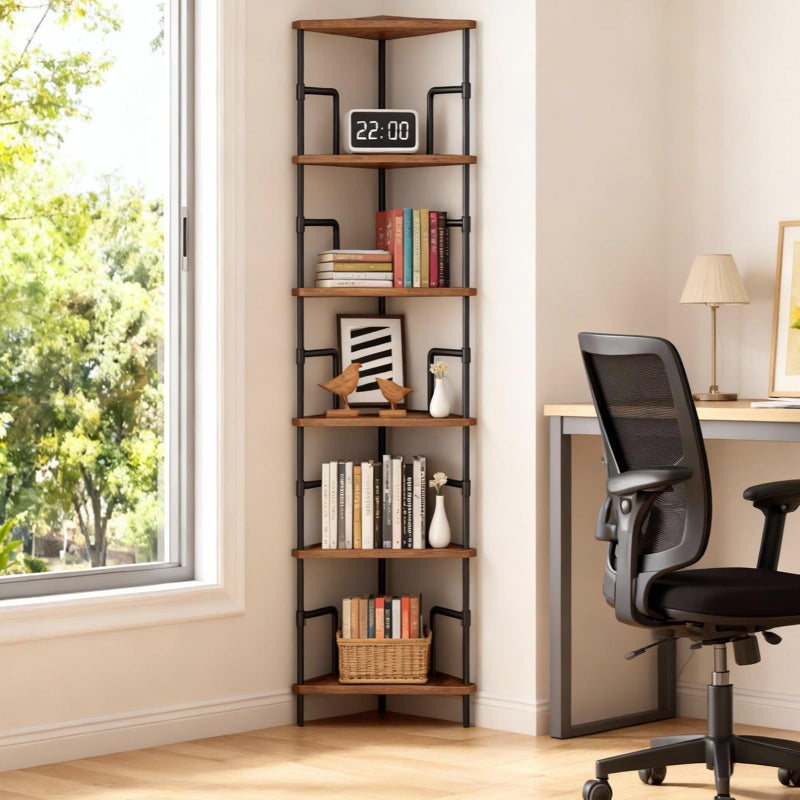 MAHANCRIS 65" Corner Shelf, 6-Tier Industrial Corner Bookshelf with Metal Frame, Small Plant Stand, Display Shelf for Living Room, Bedroom, Home Office, Small Spaces, Rustic Brown CSHR6601 - Image 1