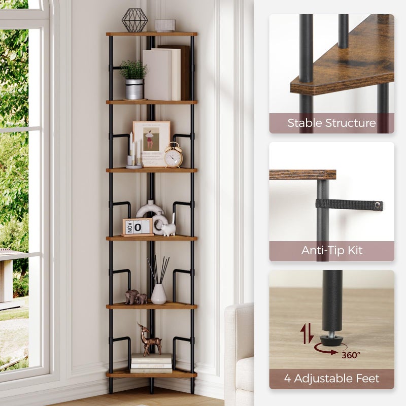 MAHANCRIS 65" Corner Shelf, 6-Tier Industrial Corner Bookshelf with Metal Frame, Small Plant Stand, Display Shelf for Living Room, Bedroom, Home Office, Small Spaces, Rustic Brown CSHR6601 - Image 3