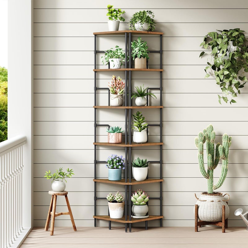 MAHANCRIS 65" Corner Shelf, 6-Tier Industrial Corner Bookshelf with Metal Frame, Small Plant Stand, Display Shelf for Living Room, Bedroom, Home Office, Small Spaces, Rustic Brown CSHR6601 - Image 4