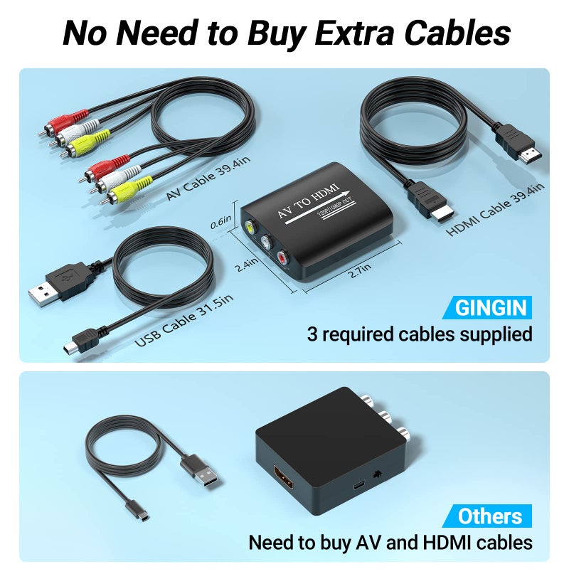 GINGIN RCA to HDMI Converter, AV to HDMI Converter for TV/PC/N64/Wii/PS1/PS2/PS3/STB/Xbox/VHS/VCR/Blue-Ray DVD Players, with 3.3ft RCA and HDMI Cables - Image 5