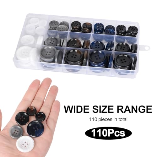 OELFFOW 110Pcs Mixed Sewing Buttons, 4-Hole Craft Round, 5 Color 3 Size(15mm,20mm,25mm) Suit Coats Blazer Resin Button, Suitable for Variety Clothing Sewing, DIY Craft (White,Grey, Brown,Blue, Black) - Image 4