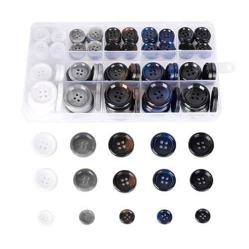 OELFFOW 110Pcs Mixed Sewing Buttons, 4-Hole Craft Round, 5 Color 3 Size(15mm,20mm,25mm) Suit Coats Blazer Resin Button, Suitable for Variety Clothing Sewing, DIY Craft (White,Grey, Brown,Blue, Black) - Image 1