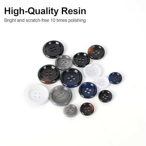OELFFOW 110Pcs Mixed Sewing Buttons, 4-Hole Craft Round, 5 Color 3 Size(15mm,20mm,25mm) Suit Coats Blazer Resin Button, Suitable for Variety Clothing Sewing, DIY Craft (White,Grey, Brown,Blue, Black) - Image 3
