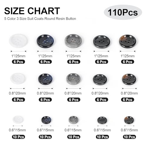 OELFFOW 110Pcs Mixed Sewing Buttons, 4-Hole Craft Round, 5 Color 3 Size(15mm,20mm,25mm) Suit Coats Blazer Resin Button, Suitable for Variety Clothing Sewing, DIY Craft (White,Grey, Brown,Blue, Black) - Image 2