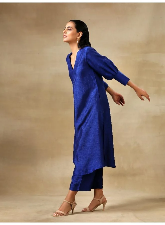 trueBrowns Blue Textured Silk Puff Sleeve Kurta Pant Set