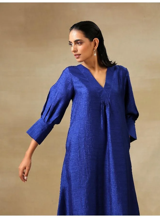 trueBrowns Blue Textured Silk Puff Sleeve Kurta Pant Set